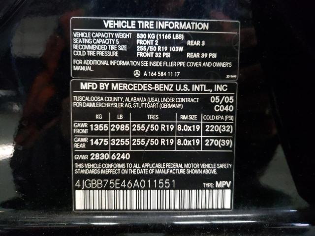 4JGBB75E46A011551 - 2006 MERCEDES-BENZ ML 500 BLACK photo 10