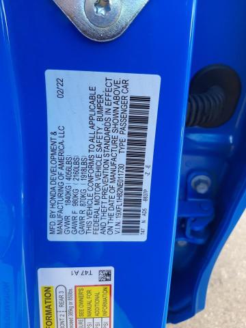 19XFL1H82NE011730 - 2022 HONDA CIVIC SPOR BLUE photo 10