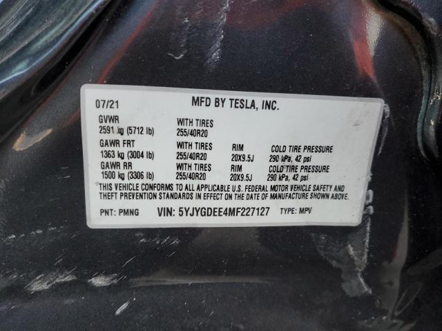 5YJYGDEE4MF227127 - 2021 TESLA MODEL Y رمادي صورة 10