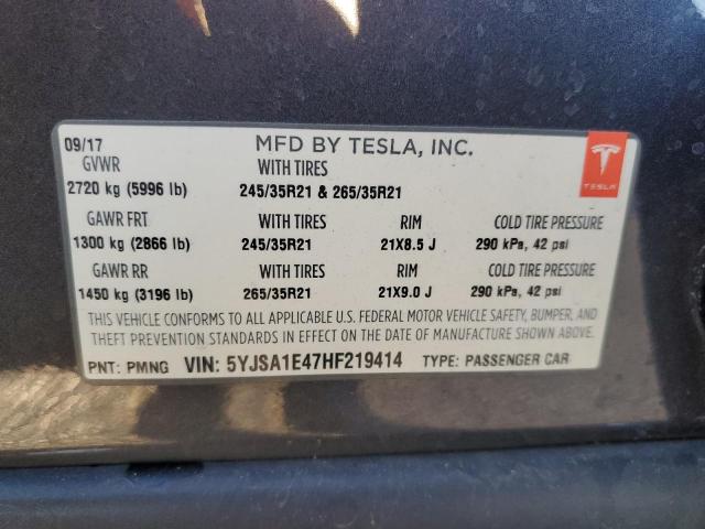 5YJSA1E47HF219414 - 2017 TESLA MODEL S Gris foto 10