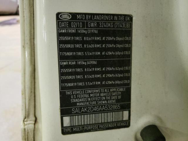 SALAK2D46AA532865 - 2010 LAND ROVER LR4 HSE LU WHITE photo 10