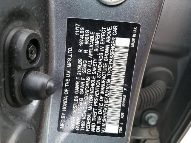 SHHFK7H57JU210156 - 2018 HONDA CIVIC EX GRAY photo 10