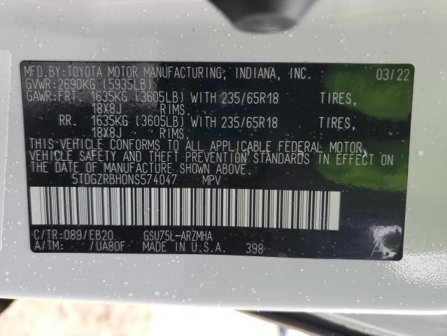 5TDGZRBH0NS574047 - 2022 TOYOTA HIGHLANDER WHITE photo 10