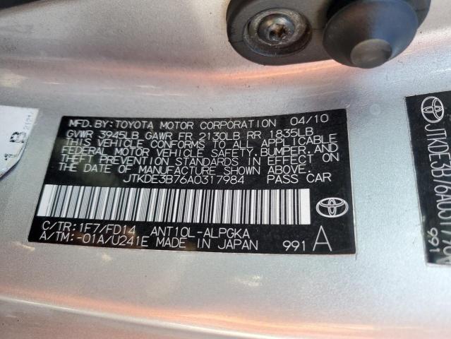 JTKDE3B76A0317984 - 2010 TOYOTA SCION TC ვერცხლისფერი ფოტო 10