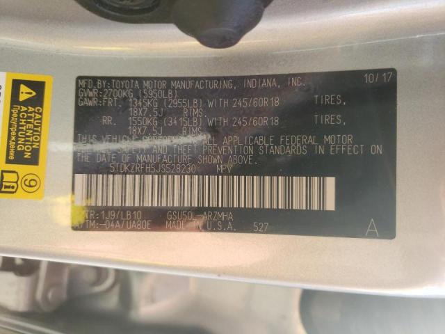 5TDKZRFH5JS528230 - 2018 TOYOTA HIGHLANDER ვერცხლისფერი ფოტო 10