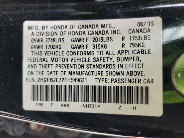 2HGFB2F72FH549631 - 2015 HONDA CIVIC SE BLACK photo 10