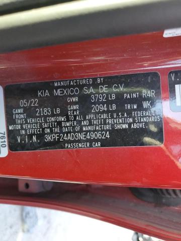 3KPF24AD3NE490624 - 2022 KIA FORTE FE RED photo 10