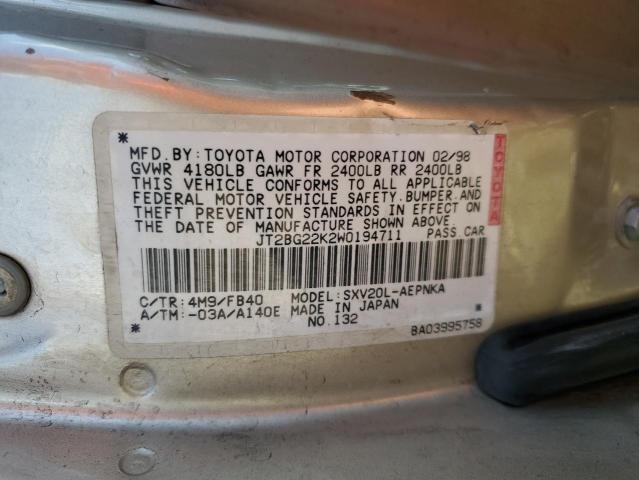 JT2BG22K2W0194711 - 1998 TOYOTA CAMRY CE TAN photo 10