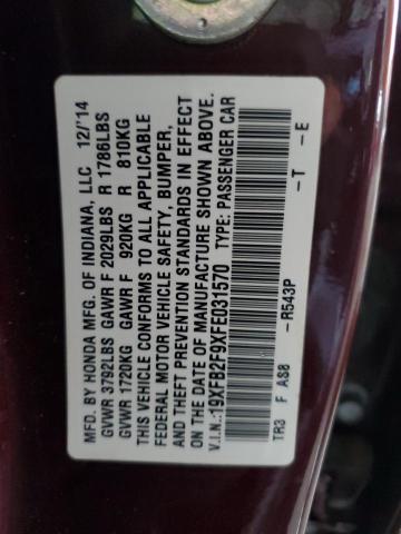 19XFB2F9XFE031570 - 2015 HONDA CIVIC EXL Tünd qırmızı foto 10