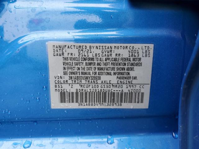 3N1AB8DV9MY328938 - 2021 NISSAN SENTRA SR BLUE photo 10