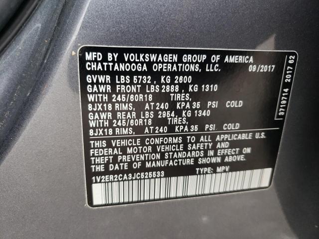 1V2ER2CA3JC525533 - 2018 VOLKSWAGEN ATLAS SEL GRAY photo 10