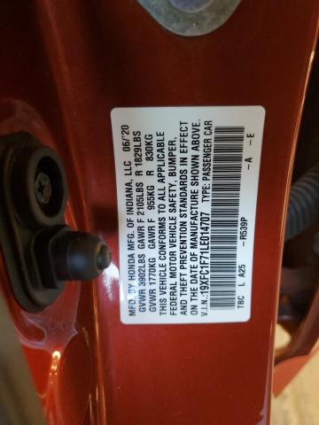 19XFC1F71LE014707 - 2020 HONDA CIVIC EXL 红色 照片 10