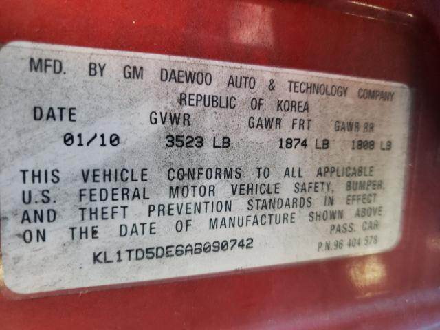 KL1TD5DE6AB090742 - 2010 CHEVROLET AVEO LS 红色 照片 10