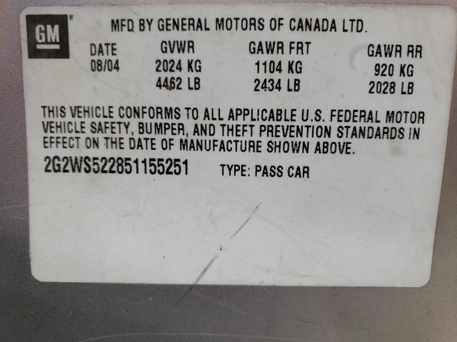 2G2WS522851155251 - 2005 PONTIAC GRAND PRIX ვერცხლისფერი ფოტო 10