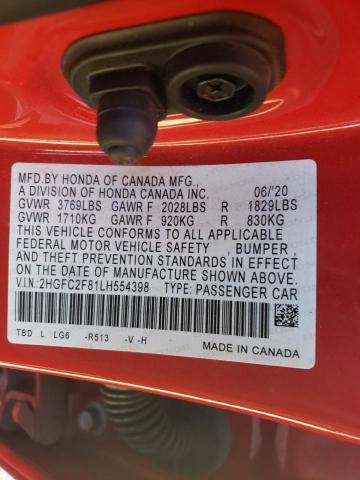 2HGFC2F81LH554398 - 2020 HONDA CIVIC SPOR 红色 照片 10