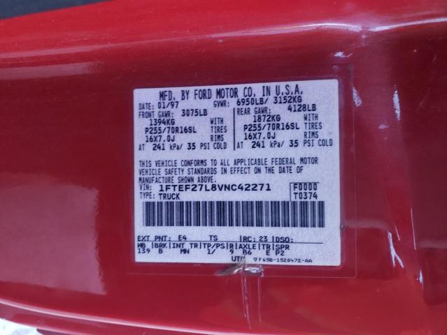 1FTEF27L8VNC42271 - 1997 FORD F250 RED photo 10