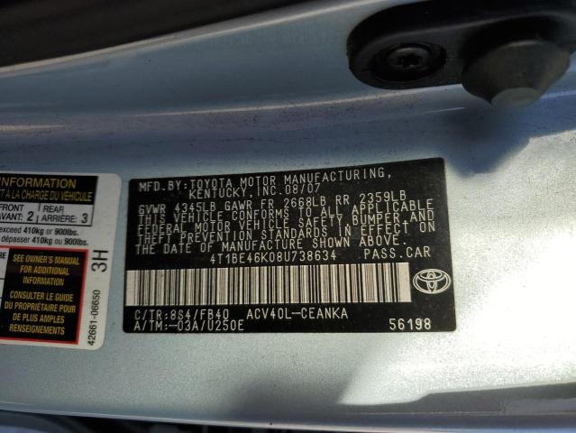 4T1BE46K08U738634 - 2008 TOYOTA CAMRY CE TURQUOISE photo 10