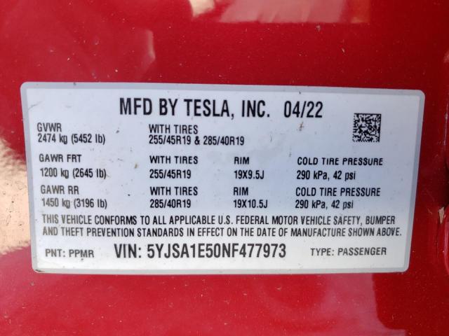 5YJSA1E50NF477973 - 2022 TESLA MODEL S Կարմիր լուսանկար 13