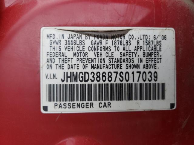 JHMGD38687S017039 - 2007 HONDA FIT S RED photo 10