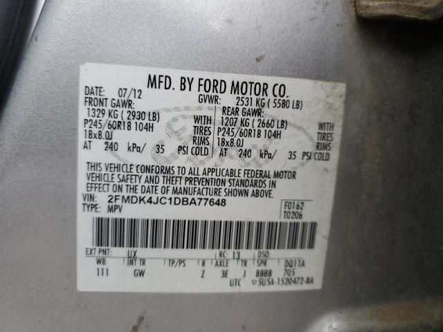 2FMDK4JC1DBA77648 - 2013 FORD EDGE SEL SILVER photo 10