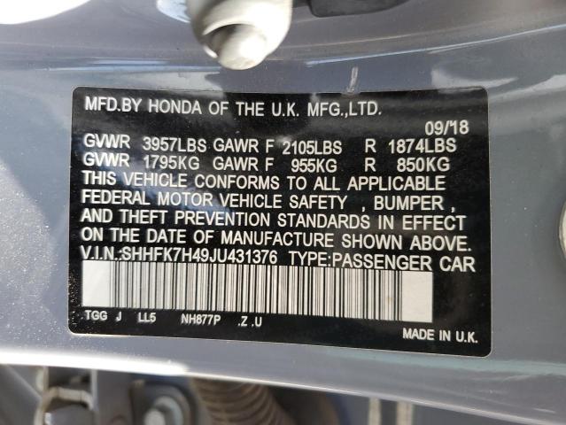 SHHFK7H49JU431376 - 2018 HONDA CIVIC SPOR 灰色 照片 10