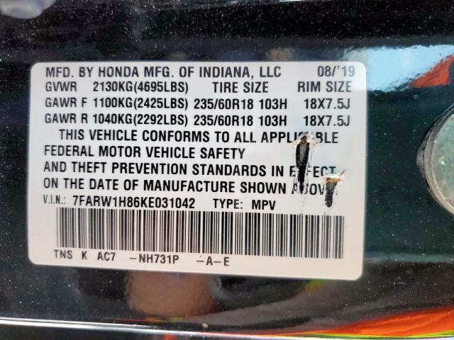 7FARW1H86KE031042 - 2019 HONDA CR-V EXL BLACK photo 10