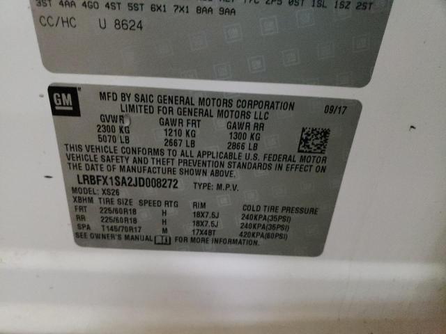 LRBFX1SA2JD008272 - 2018 BUICK ENVISION E WHITE photo 10