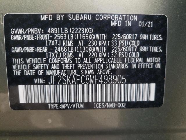 JF2SKAFC8MH498905 - 2021 SUBARU FORESTER P GREEN photo 10