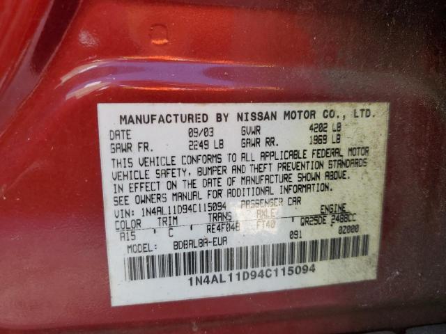 1N4AL11D94C115094 - 2004 NISSAN ALTIMA BAS MAROON photo 10