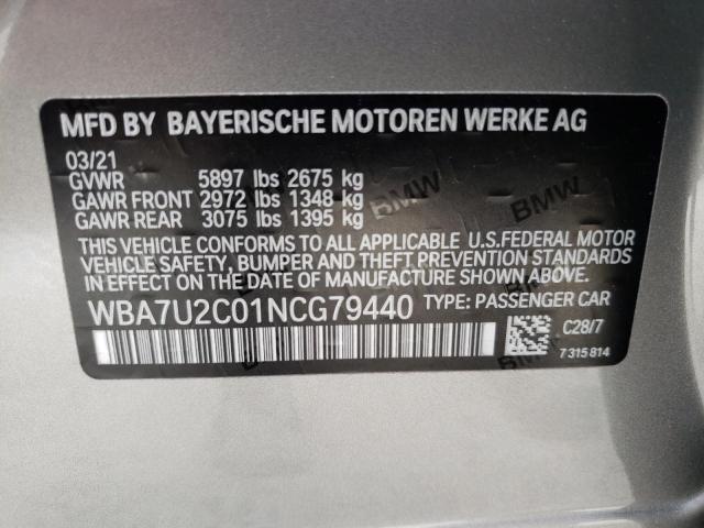 WBA7U2C01NCG79440 - 2022 BMW 750 XI GRAY photo 10