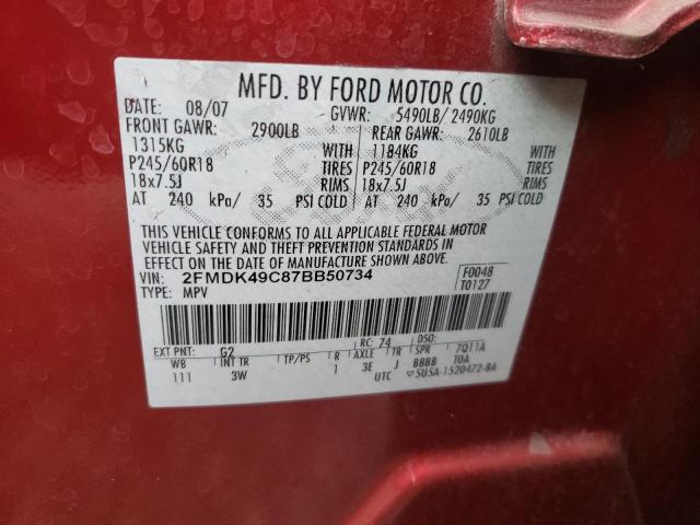 2FMDK49C87BB50734 - 2007 FORD EDGE SEL P RED photo 10