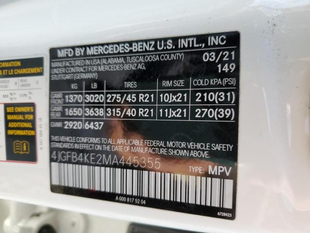 4JGFB4KE2MA445355 - 2021 MERCEDES-BENZ GLE 350 4M WHITE photo 10