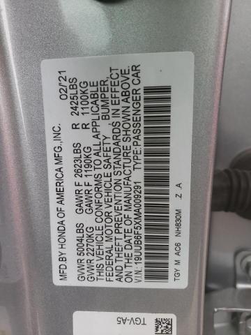 19UUB6F5XMA009291 - 2021 ACURA TLX TECH A SILVER photo 10