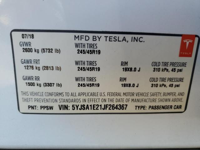 5YJSA1E21JF264367 - 2018 TESLA MODEL S Սպիտակ լուսանկար 10