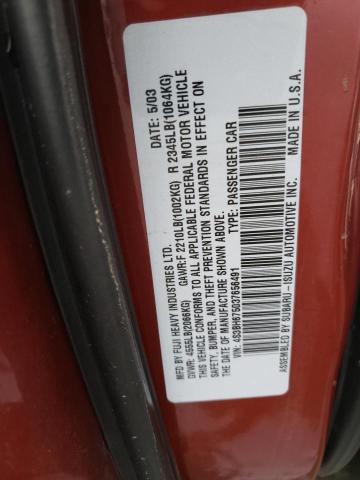4S3BH675037656491 - 2003 SUBARU LEGACY OUT RED photo 10