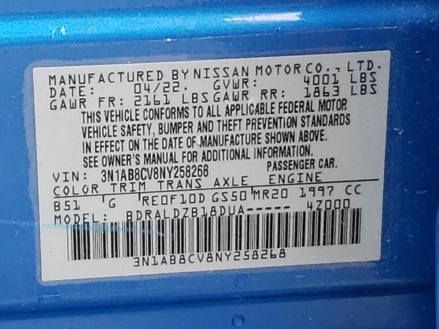 3N1AB8CV8NY258268 - 2022 NISSAN SENTRA SV BLUE photo 10