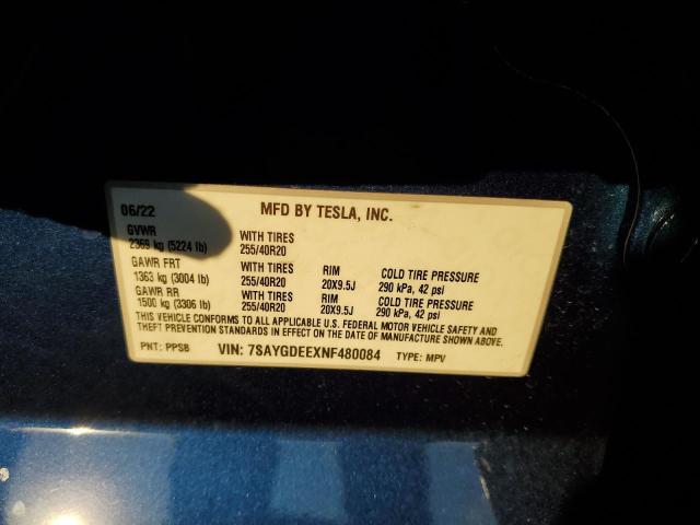 7SAYGDEEXNF480084 - 2022 TESLA MODEL Y أزرق صورة 13