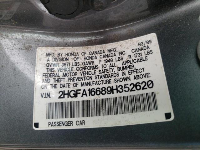 2HGFA16689H352620 - 2009 HONDA CIVIC LX-S Сұр фото 10