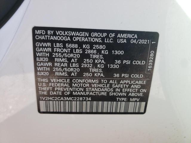 1V2HC2CA3MC228734 - 2021 VOLKSWAGEN ATLAS CROS Белый фото 10