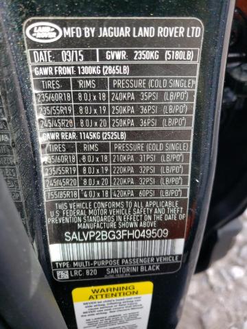 SALVP2BG3FH049509 - 2015 LAND ROVER ROVER BLACK photo 10