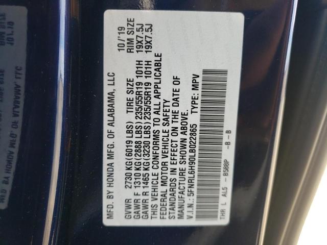 5FNRL6H90LB022865 - 2020 HONDA ODYSSEY EL BLUE photo 10