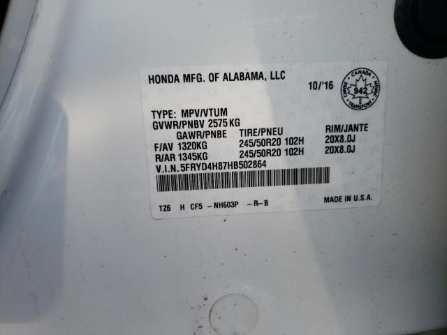 5FRYD4H87HB502864 - 2017 ACURA MDX ADVANC WHITE photo 10