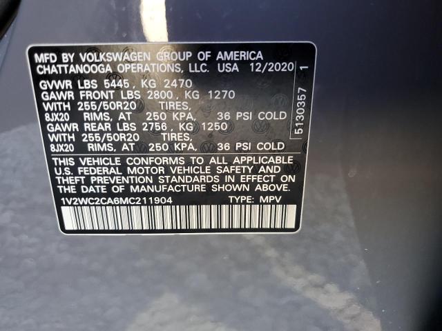 1V2WC2CA6MC211904 - 2021 VOLKSWAGEN ATLAS CROS GRAY photo 10