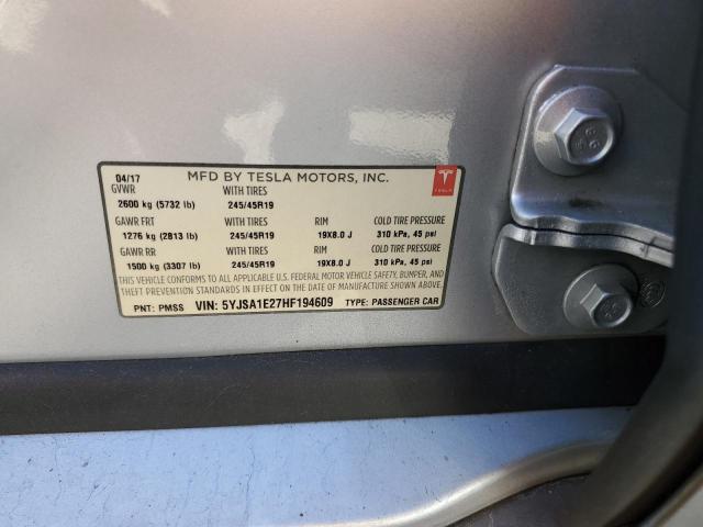 5YJSA1E27HF194609 - 2017 TESLA MODEL S SILVER photo 10