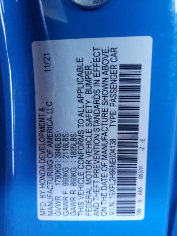 19XFL2H86NE004138 - 2022 HONDA CIVIC SPOR BLUE photo 10