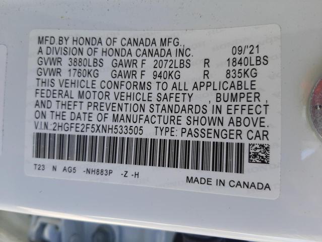 2HGFE2F5XNH533505 - 2022 HONDA CIVIC SPOR 白色 照片 10