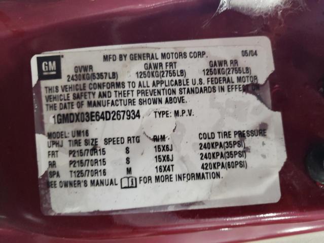 1GMDX03E64D267934 - 2004 PONTIAC MONTANA MAROON photo 10