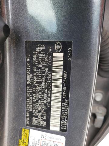 4T1BE46K67U087864 - 2007 TOYOTA CAMRY CE GRAY photo 12