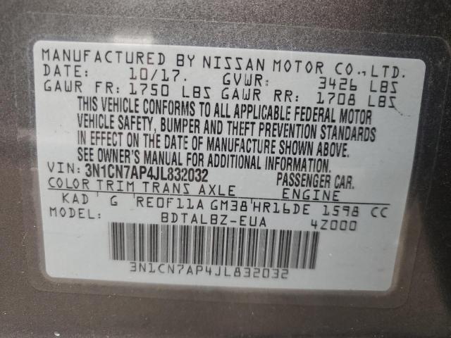 3N1CN7AP4JL832032 - 2018 NISSAN VERSA S ნაცრისფერი ფოტო 10