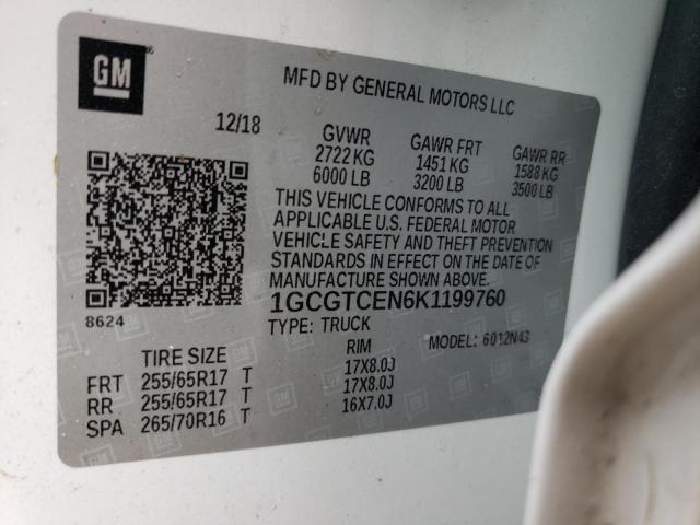 1GCGTCEN6K1199760 - 2019 CHEVROLET COLORADO L WHITE photo 10